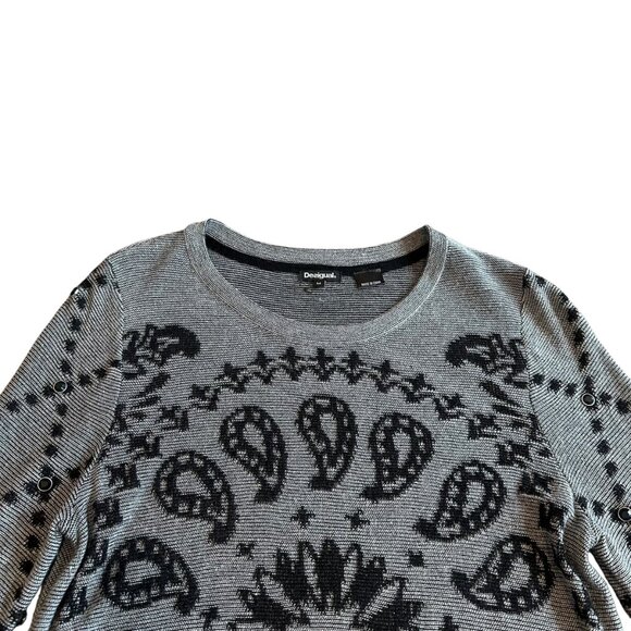 Desigual Grey Pullover Sweater Bohemian Print Stud Stretch Wool Blend Sz Medium - Picture 2 of 12